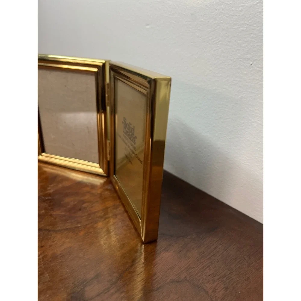 Solid Brass Photo Frame Double Hinged Folding Gold Vintage 3.5x5 Picture Frame